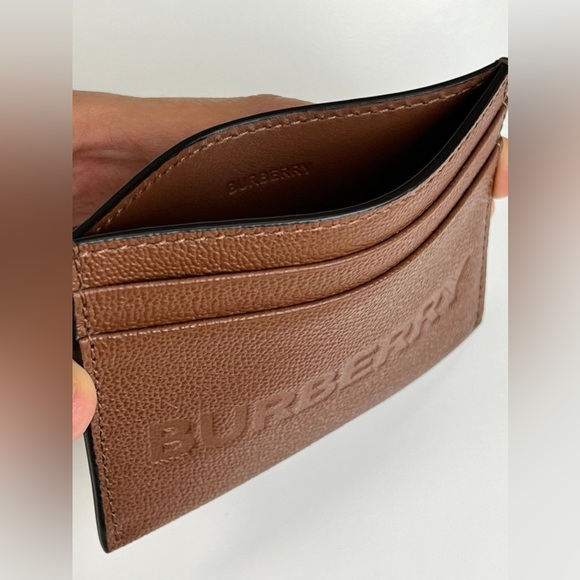 NWT Burberry Sandon Logo Brown Embossed Smooth Leather Card Case Wallet Dust Bag - Picture 2 of 8